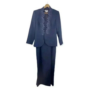 VTG Cachet Dark Blue 2 PC Dress with Blazer Sz 18 Long Pearl Beaded FLAW